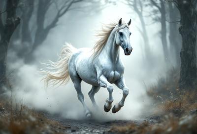 Primary subject: A white horse running through a forest.

Setting/background: The horse is running through a forest, with trees and possibly some fog in the background.

Visual style: The image is a digital art or illustration of a white horse running through a forest.

Colors and mood: The image has a predominantly white color scheme, with the horse's white fur and the white fog in the background. The overall atmosphere is dynamic and energetic, as the horse is captured in motion.