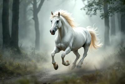 Primary subject: A white horse running through a forest.

Setting/background: The horse is running through a forest with trees and dirt on the ground.

Visual style: The image is a digital art or illustration of a white horse running through a forest.

Colors and mood: The image has a vibrant and lively atmosphere, with the white horse standing out against the forest background.