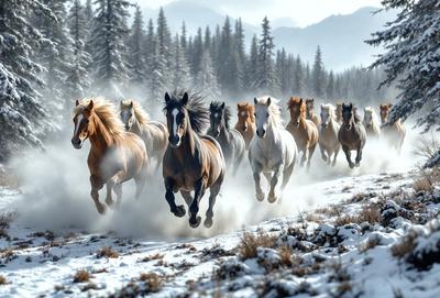 The primary subject of the image is a group of horses running through a snowy landscape. The setting is a snow-covered field with trees in the background. The visual style is a photo, capturing the horses in motion. The dominant colors are white and brown, with the snow creating a cold and wintry atmosphere.