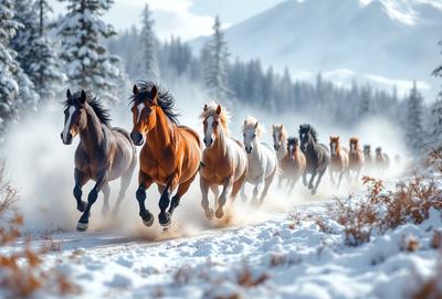 The primary subject of the image is a group of horses running through the snow. There are at least 13 horses visible in the scene, with some of them running in pairs or small groups. The setting is a snowy path, and the visual style appears to be a photo. The colors and mood of the image are predominantly white and cold, as the snow covers the ground and the horses are running through it.