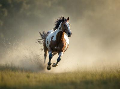 Primary subject: A brown and white horse running through a field.

Setting/background: The horse is running through a grassy field, with trees in the background.

Visual style: The image is a photo of the horse in motion.

Colors and mood: The dominant colors are brown and white, with a sense of motion and energy.