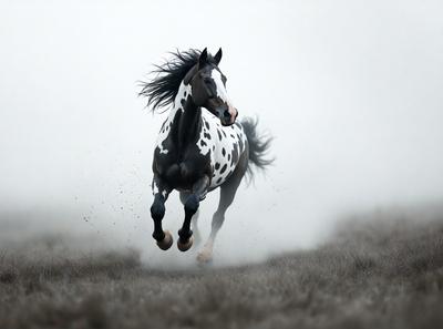Primary subject: A black and white horse with a white spot on its face.

Setting/background: A field with dirt and a foggy atmosphere.

Visual style: A photo of the horse in motion.

Colors and mood: The image is black and white, giving it a classic and timeless feel. The horse's white spot on its face stands out against the darker background, creating a sense of contrast and elegance.