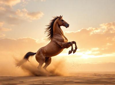 Primary subject: A brown horse running on a sandy beach.

Setting/background: The horse is running on a sandy beach, with a sunset in the background.

Visual style: The image is a photo of the horse running on the beach.

Colors and mood: The dominant colors are brown and orange, with a warm and serene atmosphere.