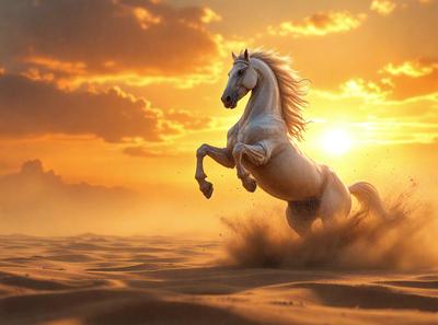 Primary subject: A white horse running in the sand.

Setting/background: The horse is running on a sandy beach, with a sunset in the background.

Visual style: The image is a digital art illustration.

Colors and mood: The dominant colors are orange and yellow, creating a warm and vibrant atmosphere.