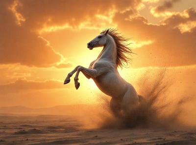 Primary subject: A white horse with a long mane, running in the sand.

Setting/background: The horse is running in a desert-like environment, with sand and a cloudy sky in the background.

Visual style: The image is a digital art or illustration of the horse running in the sand.

Colors and mood: The dominant colors are shades of brown and orange, with a warm and natural atmosphere.