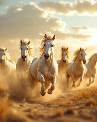 Primary subject: A group of white horses running in a field.

Setting/background: The horses are running in a field with a sandy surface.

Visual style: The image is a photo of the horses in motion.

Colors and mood: The dominant colors are white and yellow, with a warm and energetic atmosphere.