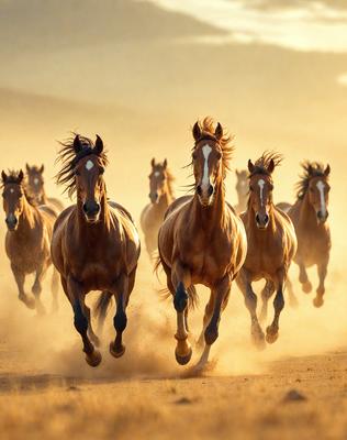 Primary subject: Horses running in a dusty field.
Setting/background: A dusty field with a mountainous background.
Visual style: A photo of the horses running.
Colors and mood: The image is in sepia tone, giving it a warm and nostalgic atmosphere.