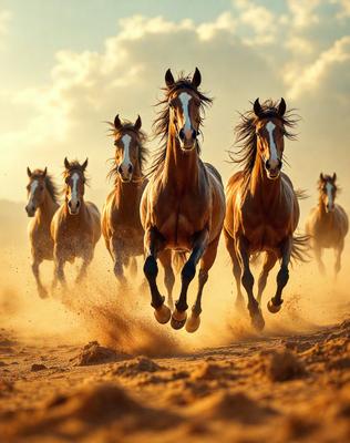 Primary subject: Horses running in a dirt field.
Setting/background: A dirt field with a cloudy sky.
Visual style: A photo of the horses running.
Colors and mood: The image is in sepia tone, giving it a warm and nostalgic atmosphere.