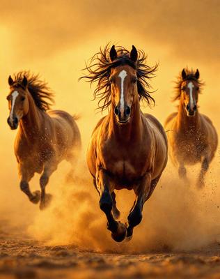 Primary subject: A group of horses running through the dirt.

Setting/background: A dusty, dirt-covered field.

Visual style: A photo of the horses in motion.

Colors and mood: The image is in black and white, giving it a classic and timeless feel. The horses' movement and the dusty environment create a sense of energy and excitement.