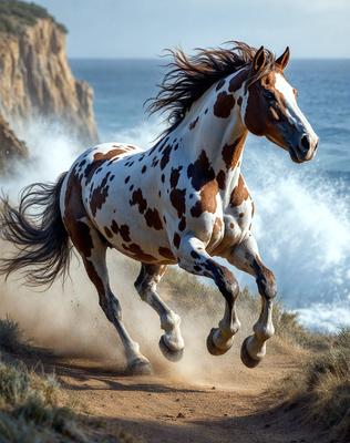 Primary subject: A brown and white spotted horse running on a beach.

Setting/background: The horse is running on a beach near the ocean, with waves crashing in the background.

Visual style: The image is a photo of the horse running on the beach.

Colors and mood: The horse has brown and white spots, and the overall atmosphere is energetic and dynamic, as the horse is in motion.