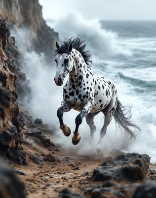 Primary subject: A spotted horse running on a beach.

Setting/background: The horse is running on a beach near the ocean, with waves crashing in the background.

Visual style: The image is a photo of the horse running on the beach.

Colors and mood: The colors in the image are predominantly shades of brown, black, and white, with the ocean waves adding a touch of blue. The overall atmosphere is energetic and dynamic, as the horse is in motion.