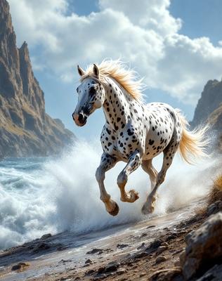 Primary subject: A white and brown spotted horse running on a beach.

Setting/background: The horse is running on a beach near the ocean, with a mountain in the background.

Visual style: The image is a digital artwork, featuring a detailed and realistic representation of the horse.

Colors and mood: The colors in the image are predominantly white and brown, with the ocean and sky adding a sense of tranquility and natural beauty to the scene.