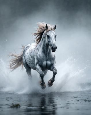 Primary subject: A white horse with a mane running through water.

Setting/background: The horse is running through a body of water, possibly a river or a lake.

Visual style: The image is a photo of the horse in motion.

Colors and mood: The image has a black and white color scheme, giving it a classic and timeless feel. The horse's white fur contrasts with the darker water, creating a sense of motion and energy.