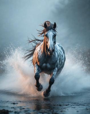 Primary subject: A horse running through water.

Setting/background: The horse is running through a body of water, possibly a river or a lake.

Visual style: The image is a photo of the horse running through the water.

Colors and mood: The image has a blue and white color scheme, which gives it a calm and serene atmosphere.