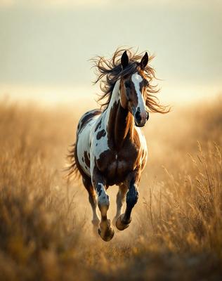 Primary subject: A brown and white horse running through a field.

Setting/background: The horse is running through a grassy field with tall grass.

Visual style: The image is a photo of the horse in motion.

Colors and mood: The dominant colors are brown, white, and green, with a lively and energetic atmosphere.