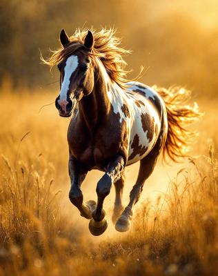 Primary subject: A brown and white horse running through a field of tall grass.

Setting/background: The horse is running through a field of tall grass, which is the main focus of the image.

Visual style: The image is a photo of the horse running through the field.

Colors and mood: The dominant colors in the image are brown and white, which create a warm and natural atmosphere. The horse appears to be enjoying its run through the field, evoking a sense of freedom and energy.
