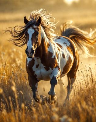 Primary subject: A brown and white horse running through a field of tall grass.

Setting/background: The horse is running through a field of tall grass, which is the main focus of the image.

Visual style: The image is a photo of the horse running through the field.

Colors and mood: The dominant colors in the image are brown, white, and yellow, creating a warm and natural atmosphere.