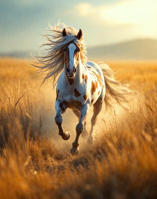 Primary subject: A white and brown horse running through a field.

Setting/background: The horse is running through a field with tall grass, and there are mountains in the background.

Visual style: The image is a photo of the horse in motion.

Colors and mood: The dominant colors are brown, white, and yellow, with a warm and lively atmosphere.