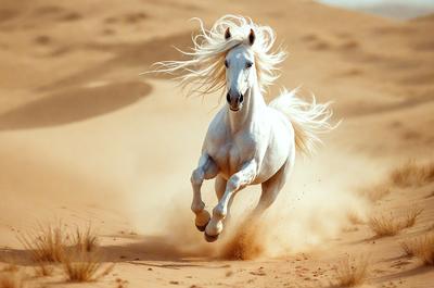 Primary subject: A white horse with blonde hair running in a desert.

Setting/background: The horse is running on a sandy surface, which is the desert.

Visual style: The image is a photo of the horse in motion.

Colors and mood: The dominant colors are brown and white, with a warm and natural atmosphere.