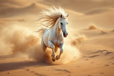 Primary subject: A white horse running in the sand.

Setting/background: A desert environment with sandy terrain.

Visual style: A photo of the horse in motion.

Colors and mood: The image is in sepia tone, giving it a warm and nostalgic atmosphere.