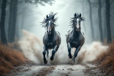 Primary subject: Two horses running on a dirt road.

Setting/background: The horses are running through a forest, with trees in the background.

Visual style: The image is a photo of the two horses running.

Colors and mood: The image has a sepia tone, giving it a vintage and nostalgic feel. The horses are running through the forest, creating a sense of freedom and adventure.
