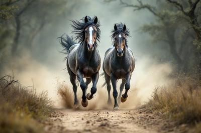 Primary subject: Two horses running on a dirt road.

Setting/background: The horses are running through a forest, with trees in the background.

Visual style: The image is a photo of the two horses running.

Colors and mood: The image has a sepia tone, giving it a vintage and nostalgic feel. The horses are running through the dirt road, creating a sense of motion and energy.