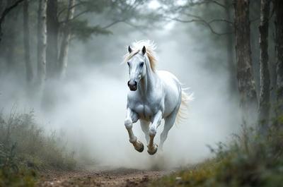 Primary subject: A white horse running through a forest.

Setting/background: The horse is running through a forest, with trees and fog in the background.

Visual style: The image is a photo of the horse in motion.

Colors and mood: The dominant colors are white and gray, with the fog adding a sense of mystery and depth to the scene. The overall atmosphere is energetic and dynamic, as the horse appears to be galloping through the forest.