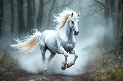 Primary subject: A white horse with blonde mane and tail, running down a dirt road.

Setting/background: The horse is running through a forest, with trees in the background.

Visual style: The image is a photo of the horse in motion.

Colors and mood: The horse is white, and the overall atmosphere is dynamic and energetic.