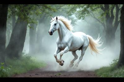 Primary subject: A white horse running on a dirt road.

Setting/background: The horse is running through a forest, with trees and a dirt road visible in the background.

Visual style: The image is a photo of the horse in motion.

Colors and mood: The horse is white, and the overall atmosphere is dynamic and energetic, as the horse is running swiftly through the forest.