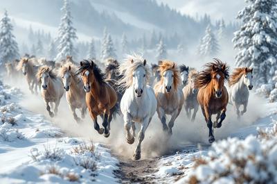 Primary subject: Horses
Setting/background: Snowy mountain
Visual style: Photo
Colors and mood: White snow, brown horses, and a cold, wintry atmosphere.