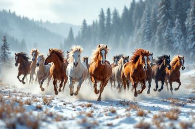 Primary subject: Horses
Setting/background: Snowy field
Visual style: Photo
Colors and mood: White snow, brown horses, and a misty atmosphere.