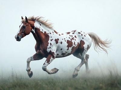 Primary subject: A brown and white spotted horse running in a grassy field.

Setting/background: The horse is running in a grassy field, with a foggy atmosphere.

Visual style: The image is a photo of the horse in motion.

Colors and mood: The dominant colors are brown, white, and green, with a misty and serene atmosphere.