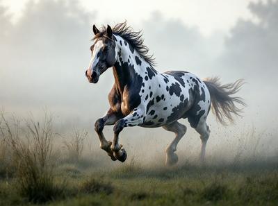 Primary subject: A spotted horse running in a field.

Setting/background: The horse is running through a grassy field, with trees in the background.

Visual style: The image is a photo of the horse in motion.

Colors and mood: The horse is black and white, and the overall atmosphere is energetic and dynamic.