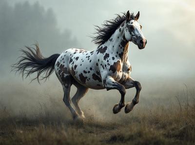 Primary subject: A spotted horse running in a field.

Setting/background: The horse is running in a field with trees in the background.

Visual style: The image is a photo of the horse in motion.

Colors and mood: The horse is brown and white, and the overall atmosphere is energetic and dynamic.