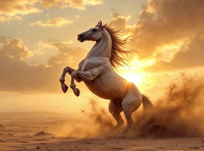 Primary subject: A white horse with a long mane, running in the sand.

Setting/background: The horse is running on a sandy beach, with a cloudy sky in the background.

Visual style: The image is a photo of the horse in motion.

Colors and mood: The dominant colors are shades of brown and white, with a warm and natural atmosphere.