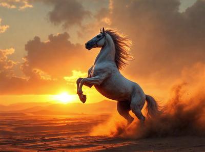 Primary subject: A white horse with long hair, running in a desert-like environment.

Setting/background: The horse is running on a sandy surface, with a sunset in the background.

Visual style: The image is a digital art or illustration of the horse running in the desert.

Colors and mood: The dominant colors are orange and red, creating a warm and vibrant atmosphere. The mood of the image is energetic and dynamic, as the horse is captured in motion.
