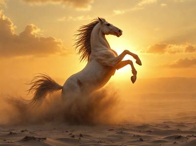 Primary subject: A white horse with a flowing mane, running on a sandy beach.

Setting/background: The horse is running on a sandy beach, with the sun setting in the background.

Visual style: The image is a photo of the horse running on the beach.

Colors and mood: The dominant colors are orange and yellow, creating a warm and sunny atmosphere. The horse's white fur contrasts with the sandy beach, adding a sense of motion and energy to the scene