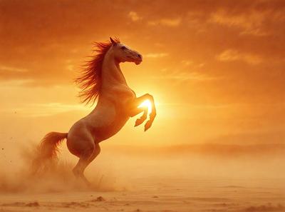 Primary subject: A horse running in the sand.

Setting/background: The horse is running on a sandy beach, with a sunset in the background.

Visual style: The image is a digital art or illustration of a horse running in the sand.

Colors and mood: The dominant colors are orange and yellow, creating a warm and vibrant atmosphere.
