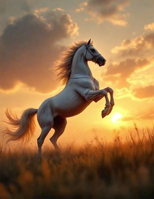 Primary subject: A white horse running in a field.

Setting/background: The horse is running in a field with a sunset in the background.

Visual style: The image is a digital art or illustration of a white horse.

Colors and mood: The dominant colors are orange and yellow, creating a warm and serene atmosphere.