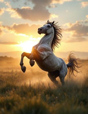 Primary subject: A horse running in a field.

Setting/background: The horse is running in a grassy field with a sunset in the background.

Visual style: The image is a photo of the horse in motion.

Colors and mood: The dominant colors are orange and yellow, creating a warm and vibrant atmosphere. The horse's movement and the sunset in the background evoke a sense of freedom and energy.