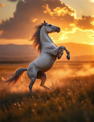 Primary subject: A white horse with a flowing mane, running in a field during sunset.

Setting/background: The horse is running in a grassy field with mountains in the background. The sun is setting, casting a warm glow on the scene.

Visual style: The image is a digital artwork, featuring a beautifully rendered horse and a serene, natural setting.

Colors and mood: The dominant colors are warm, with the sunset casting a golden glow on the scene.