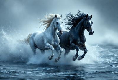 Primary subject: Two horses running through water.

Setting/background: The horses are running through a body of water, possibly a river or a lake.

Visual style: The image is a digital art or illustration, featuring two horses with flowing manes and tails.

Colors and mood: The image has a blue and white color scheme, creating a serene and calming atmosphere.