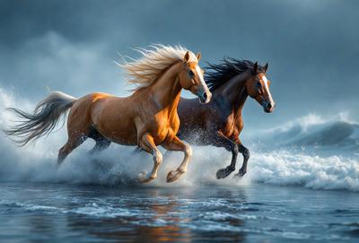 Primary subject: Two horses running through the water.

Setting/background: The horses are running through the ocean, with waves splashing around them.

Visual style: The image is a digital artwork, featuring two horses with flowing manes and tails.

Colors and mood: The image has a vibrant and dynamic color palette, with the horses' coats and the ocean's waves creating a lively and energetic atmosphere.