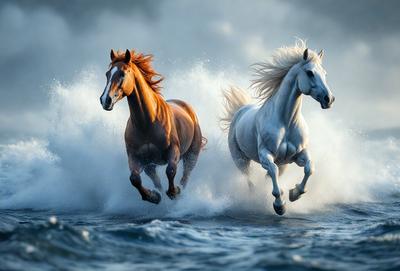Primary subject: Two horses running through the water.

Setting/background: The horses are running through a body of water, possibly a river or a lake.

Visual style: The image is a photo of the two horses in motion.

Colors and mood: The image has a vibrant and dynamic atmosphere, with the horses' colors contrasting against the water.