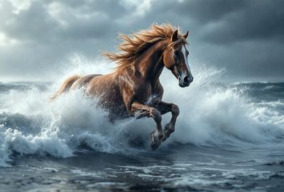 Primary subject: A brown horse with long hair running through the ocean waves.

Setting/background: The ocean, with waves and water surrounding the horse.

Visual style: The image is a photo of the horse in motion.

Colors and mood: The dominant colors are blue and white, with the horse's brown color adding warmth to the scene. The overall atmosphere is energetic and dynamic, as the horse is captured in motion while running through the ocean waves.