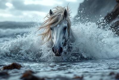 The primary subject of the image is a white horse with blonde hair, standing in the ocean and facing the camera. The horse appears to be enjoying the water and the waves. The setting is the ocean, with the waves surrounding the horse. The visual style is a photo, capturing the horse in its natural environment. The colors and mood of the image are serene and peaceful, as the horse appears to be calmly enjoying the water.