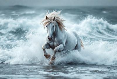 Primary subject: A white horse running through the ocean waves.

Setting/background: The ocean, with waves crashing around the horse.

Visual style: The image is a photo of the horse running through the ocean waves.

Colors and mood: The dominant colors are blue and white, with the ocean waves adding a sense of motion and energy to the scene. The overall atmosphere is dynamic and exciting.