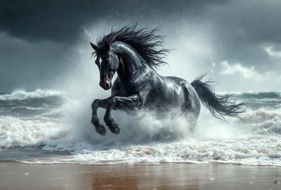 Primary subject: A black horse running on the beach.

Setting/background: The beach, with waves crashing and the ocean in the background.

Visual style: The image is a black and white photo.

Colors and mood: The mood of the image is dynamic and energetic, as the horse is captured in motion. The black and white color scheme adds a timeless and classic feel to the scene.