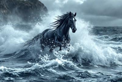 Primary subject: A horse running through the ocean.

Setting/background: The ocean, with waves and water.

Visual style: The image is a digital art or illustration of a horse running through the ocean.

Colors and mood: The image has a blue and white color scheme, with the horse and ocean waves being the main focus. The overall atmosphere is dynamic and energetic, as the horse is captured in motion.