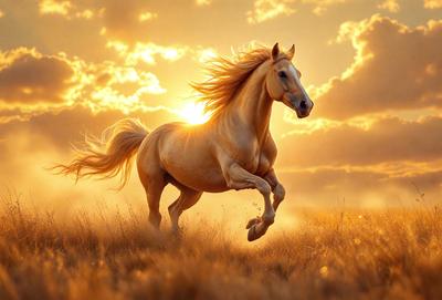 Primary subject: A horse running in a field.

Setting/background: The horse is running in a field with tall grass, and the sun is shining brightly in the sky.

Visual style: The image is a photo of the horse running in the field.

Colors and mood: The dominant colors are yellow and orange, which create a warm and vibrant atmosphere. The sunlight adds a sense of energy and movement to the scene.